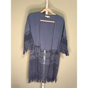 Coco + Jaimeson Blue Lace Crochet Fringe‎ Open Front Topper Cardigan S Boho